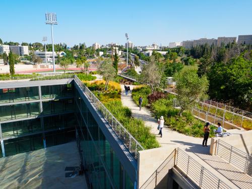 People strolling across a roof garden